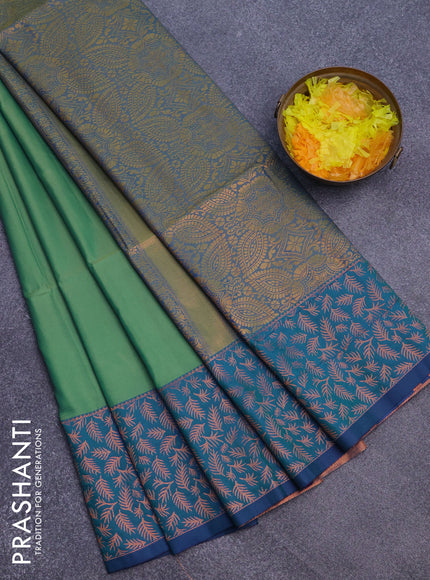 Semi soft silk saree dual shade of green and dual shade of blue with box type copper zari buttas and copper zari woven border