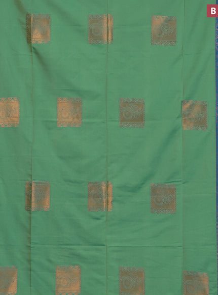 Semi soft silk saree dual shade of green and dual shade of blue with box type copper zari buttas and copper zari woven border