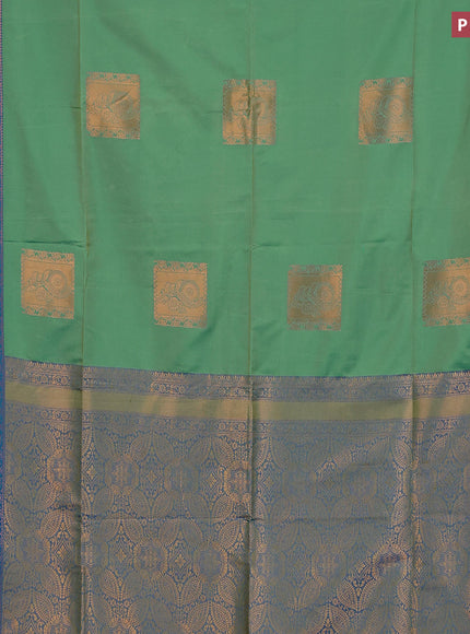 Semi soft silk saree dual shade of green and dual shade of blue with box type copper zari buttas and copper zari woven border