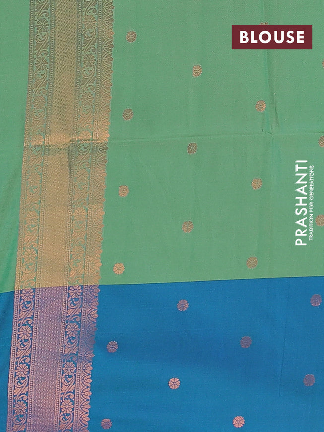 Semi soft silk saree dual shade of green and dual shade of blue with box type copper zari buttas and copper zari woven border