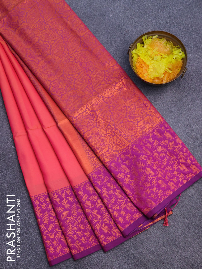 Semi soft silk saree dual shade of pinkish orange and purple with box type copper zari buttas and copper zari woven border