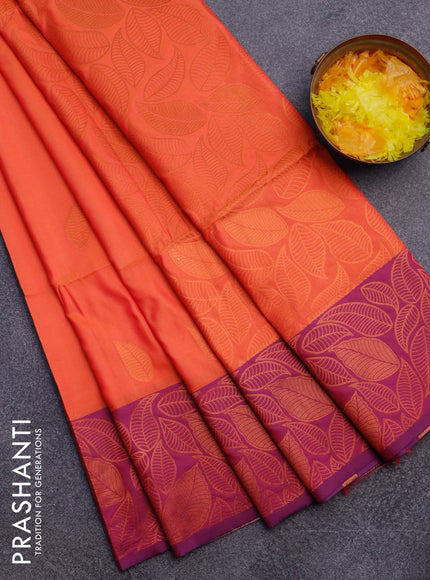 Semi soft silk saree dual shade of pinkish orange and purple with copper zari woven leaf buttas and copper zari woven border