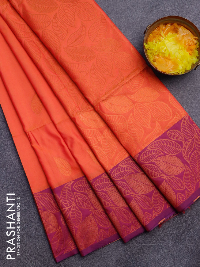 Semi soft silk saree dual shade of pinkish orange and purple with copper zari woven leaf buttas and copper zari woven border