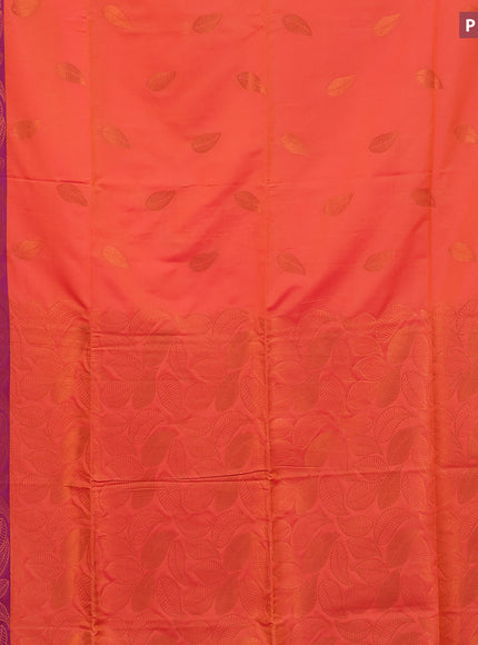 Semi soft silk saree dual shade of pinkish orange and purple with copper zari woven leaf buttas and copper zari woven border