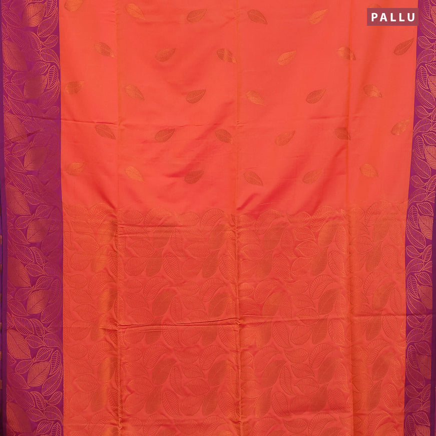 Semi soft silk saree dual shade of pinkish orange and purple with copper zari woven leaf buttas and copper zari woven border