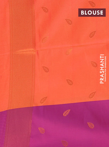 Semi soft silk saree dual shade of pinkish orange and purple with copper zari woven leaf buttas and copper zari woven border