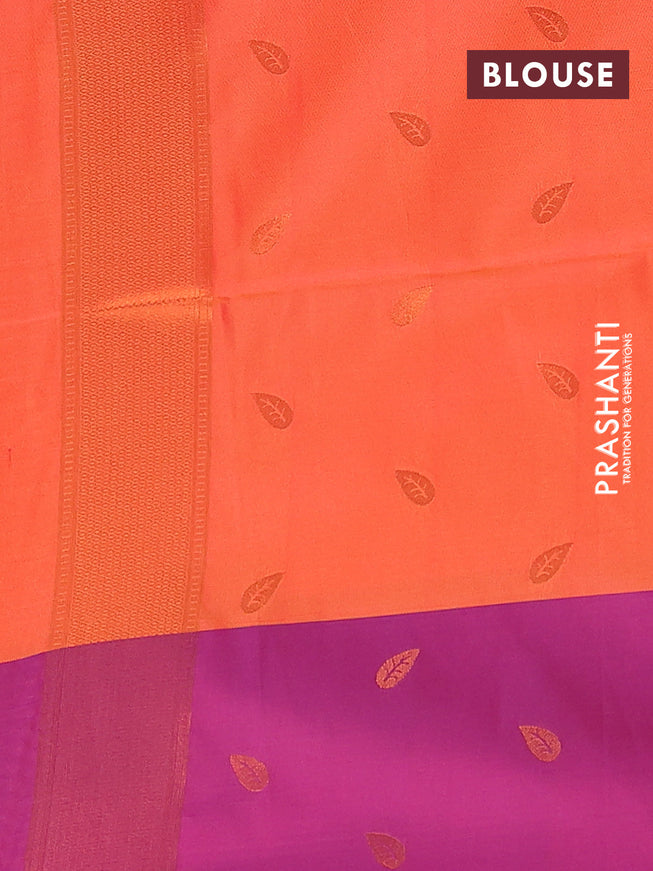 Semi soft silk saree dual shade of pinkish orange and purple with copper zari woven leaf buttas and copper zari woven border