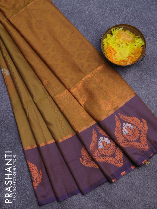 Semi soft silk saree mehendi green and dual shade of violet with allover self emboss & zari weaves and copper zari woven butta border