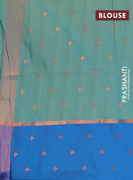 Semi soft silk saree dual shade of teal bluish green and cs blue with allover self emboss & zari weaves and copper zari woven butta border