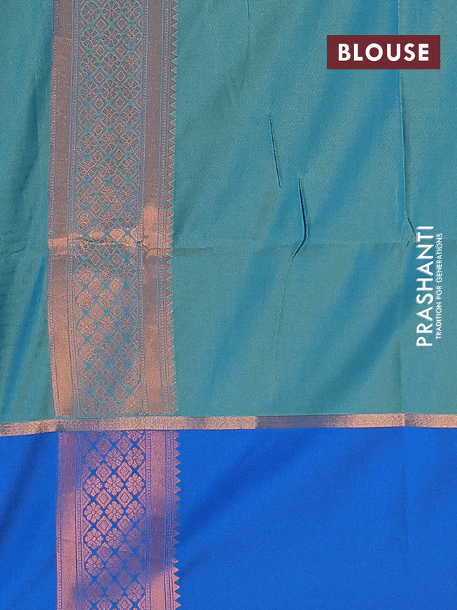 Semi soft silk saree dual shade of bluish green and blue with box type zari buttas and copper zari woven bordder