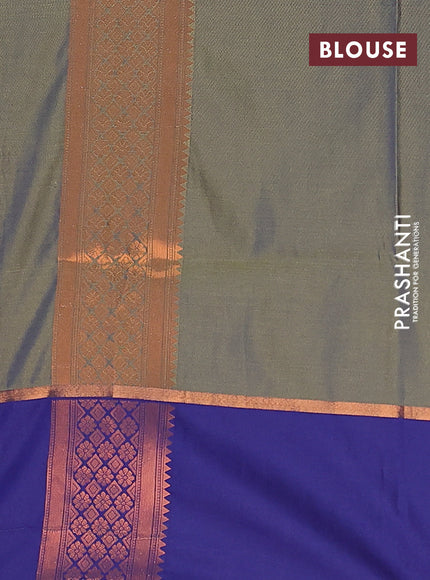 Semi soft silk saree dual shade of greenish blue and blue with box type zari buttas and copper zari woven bordder