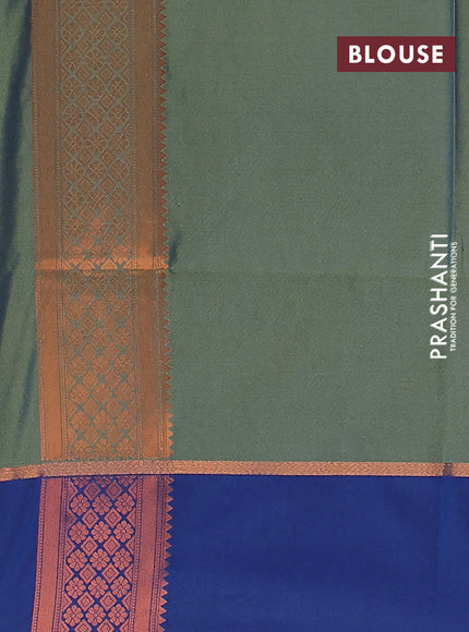 Semi soft silk saree dual shade of green and blue with box type zari buttas and copper zari woven bordder