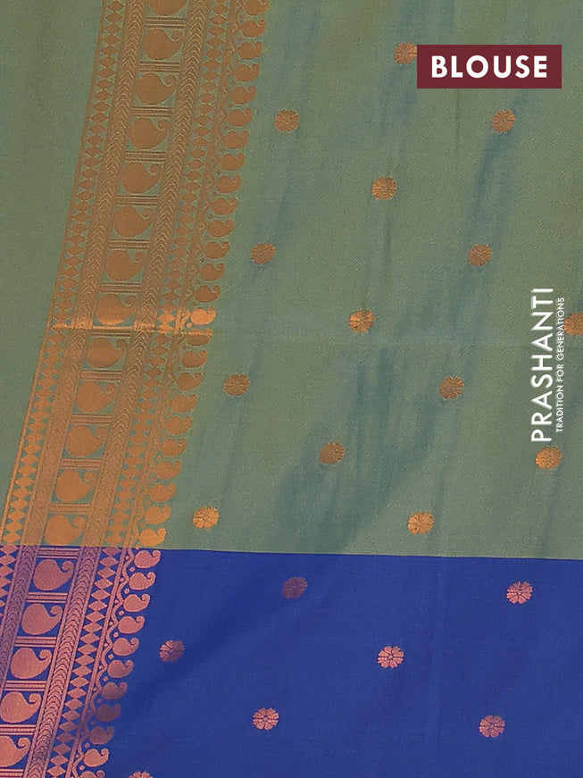 Semi soft silk saree dual shade of green and blue with allover zari woven buttas and zari woven border