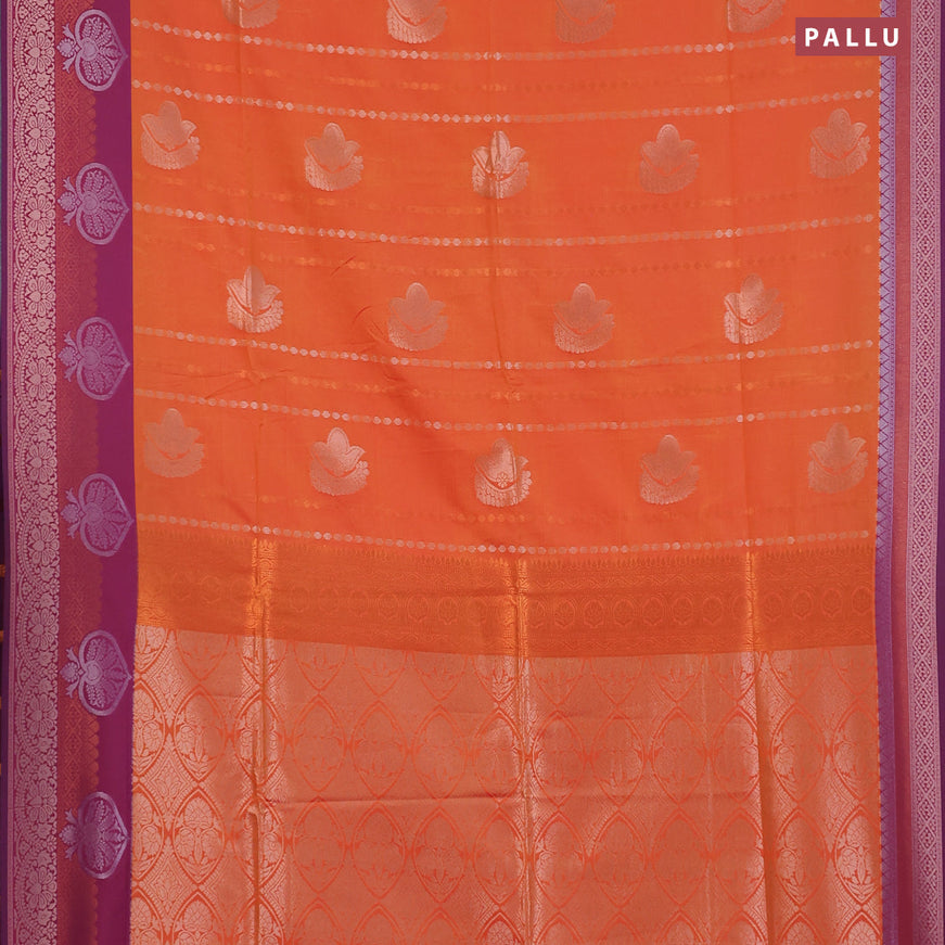 Semi soft silk saree orange and purple with allover zari weaves & buttas and zari woven border