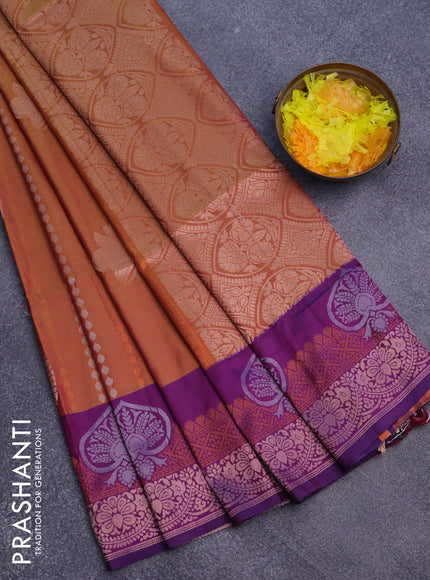 Semi soft silk saree dual shade of dark mustard yellowish pink and purple with allover zari weaves & buttas and zari woven border