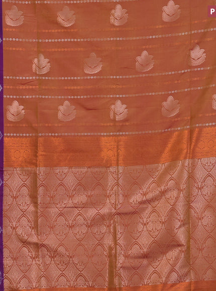 Semi soft silk saree dual shade of dark mustard yellowish pink and purple with allover zari weaves & buttas and zari woven border