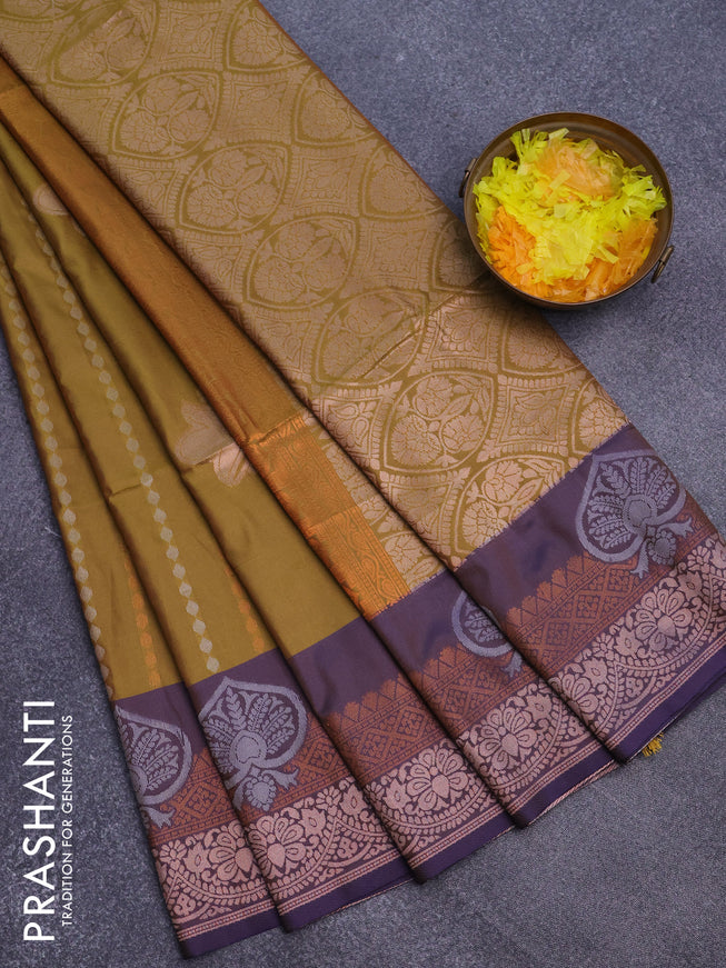 Semi soft silk saree mustard green and dual shade of violet with allover zari weaves & buttas and zari woven border