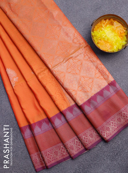 Semi soft silk saree dual shade of orange and purple shade with floral zari woven buttas and zari woven border