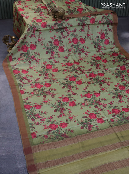 Pure tussar silk saree pastel green and maroon with allover floral prints and thread woven border