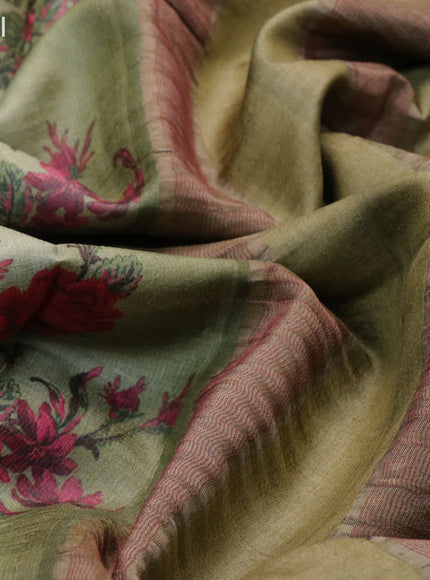 Pure tussar silk saree pastel green and maroon with allover floral prints and thread woven border