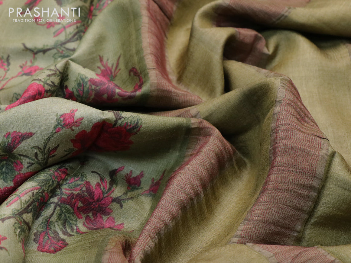 Pure tussar silk saree pastel green and maroon with allover floral prints and thread woven border