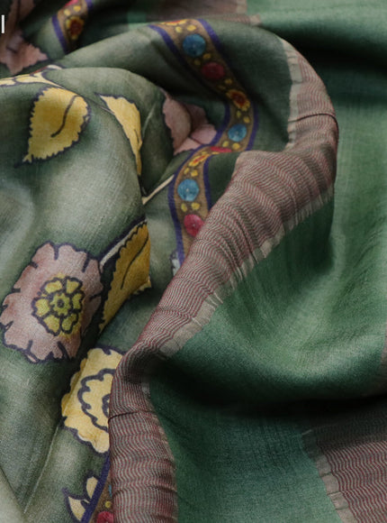 Pure tussar silk saree pastel green and pastel brown with allover floral prints and thread woven border