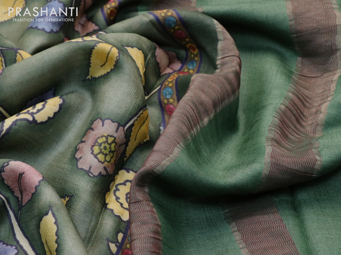 Pure tussar silk saree pastel green and pastel brown with allover floral prints and thread woven border