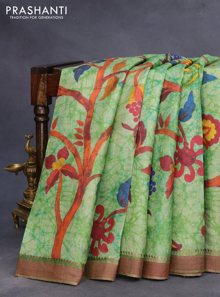 Pure tussar silk saree light green and pastel brown with allover prints and thread woven border