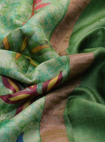 Pure tussar silk saree light green and pastel brown with allover prints and thread woven border