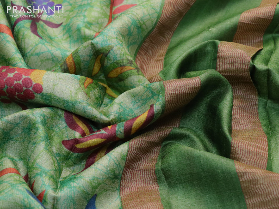 Pure tussar silk saree light green and pastel brown with allover prints and thread woven border