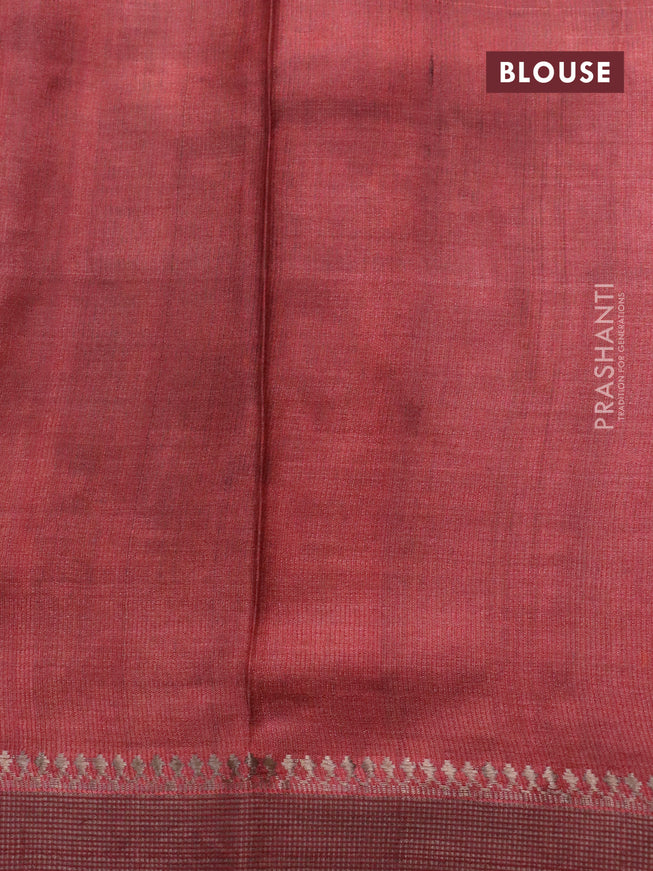 Pure tussar silk saree light green and pastel brown with allover prints and thread woven border