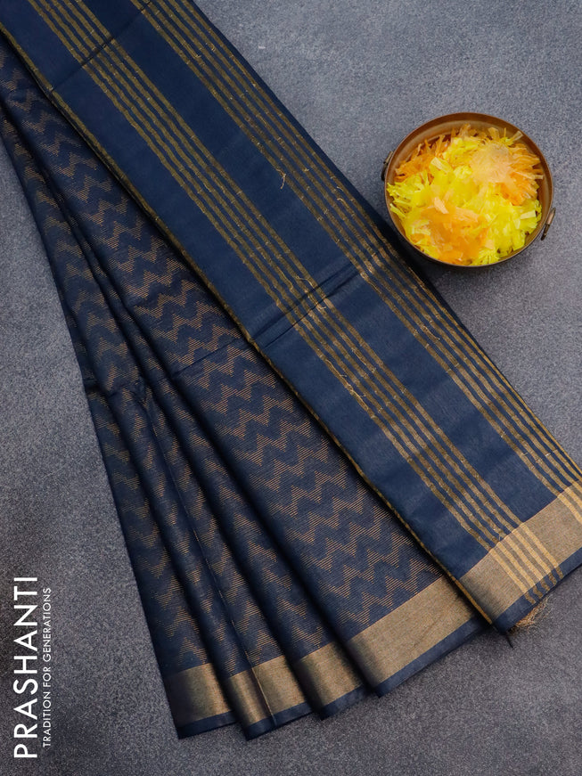 Munga jacquard saree deep navy blue with allover zig zag zari weaves and zari woven border