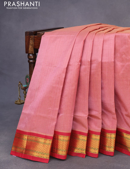 Silk cotton saree pastel pink and maroon with allover checked pattern and zari woven korvai border