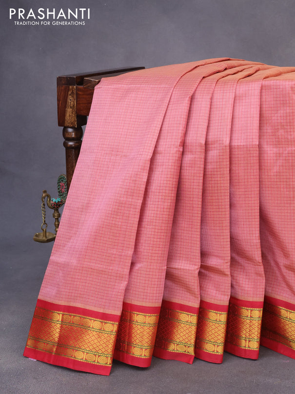 Silk cotton saree pastel pink and maroon with allover checked pattern and zari woven korvai border