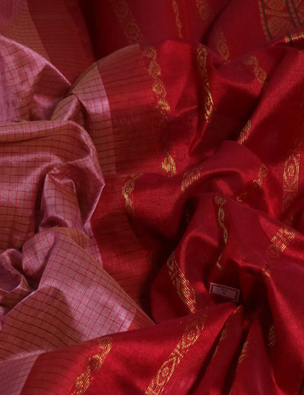 Silk cotton saree pastel pink and maroon with allover checked pattern and zari woven korvai border