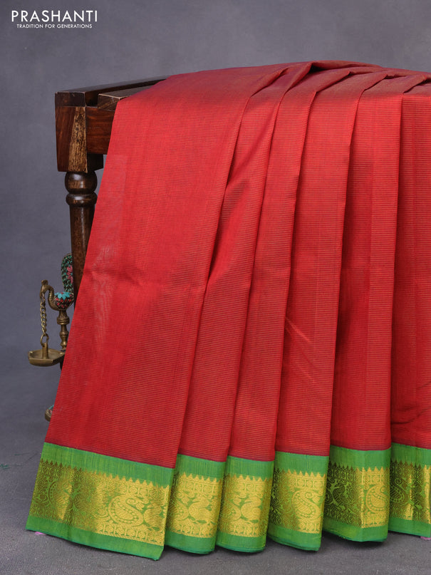 Silk cotton saree maroon and light green with allover vairaosi pattern and zari woven korvai border