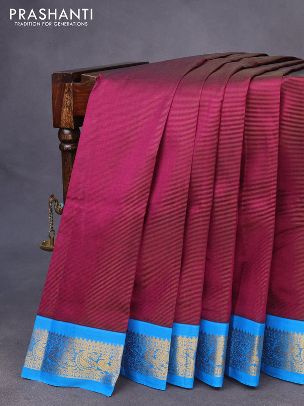 Silk cotton saree purple and cs blue with allover vairaosi pattern and zari woven korvai border