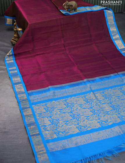 Silk cotton saree purple and cs blue with allover vairaosi pattern and zari woven korvai border