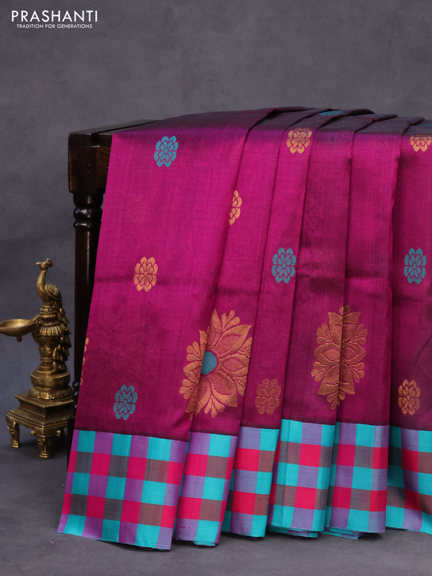 Kuppadam silk cotton saree purple and teal blue with thread & zari zari woven buttas and checked border