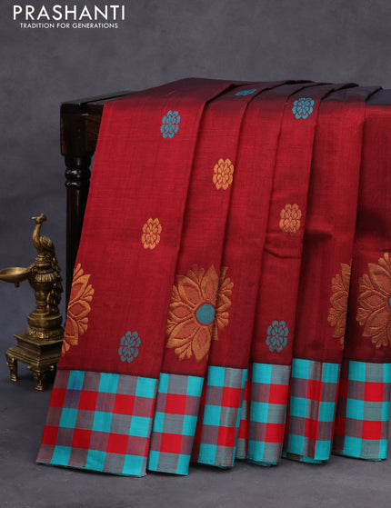 Kuppadam silk cotton saree maroon and teal green shade with thread & zari zari woven buttas and checked border