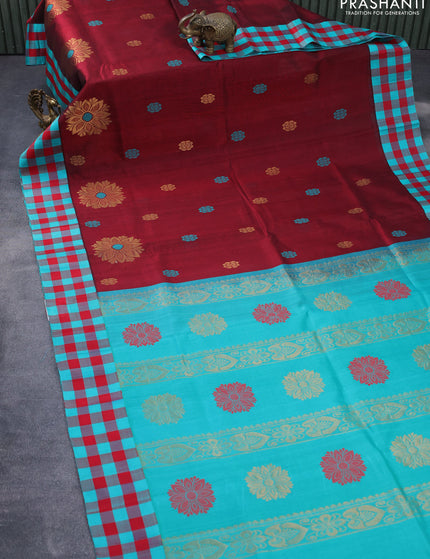 Kuppadam silk cotton saree maroon and teal green shade with thread & zari zari woven buttas and checked border