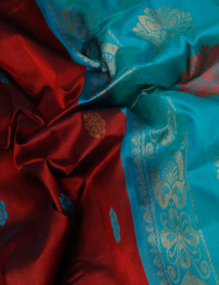 Kuppadam silk cotton saree maroon and teal green shade with thread & zari zari woven buttas and checked border