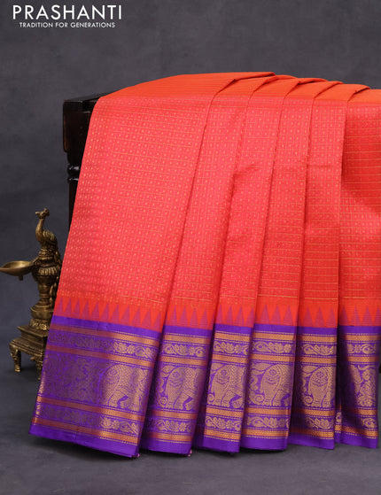 Kuppadam silk cotton saree dual shade of orange and lavender with allover zari checks & 1000 buttas and temple design zari woven border