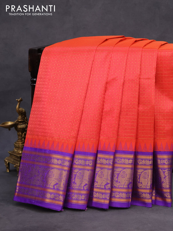 Kuppadam silk cotton saree dual shade of orange and lavender with allover zari checks & 1000 buttas and temple design zari woven border