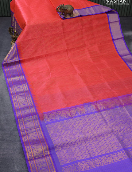 Kuppadam silk cotton saree dual shade of orange and lavender with allover zari checks & 1000 buttas and temple design zari woven border