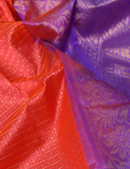 Kuppadam silk cotton saree dual shade of orange and lavender with allover zari checks & 1000 buttas and temple design zari woven border