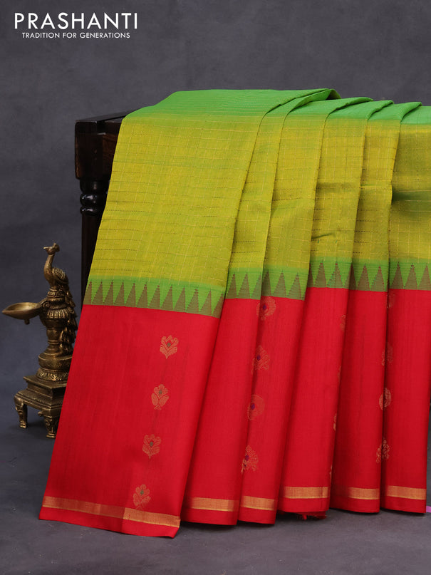 Kuppadam silk cotton saree dual shade of light green and red with allover zari checked pattern and temple design long zari woven butta border