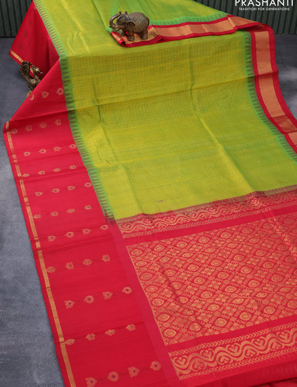 Kuppadam silk cotton saree dual shade of light green and red with allover zari checked pattern and temple design long zari woven butta border