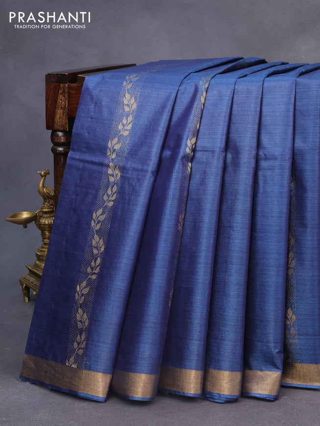 Banana silk saree blue with silver & gold zari weaves and zari woven border