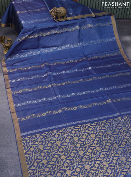 Banana silk saree blue with silver & gold zari weaves and zari woven border